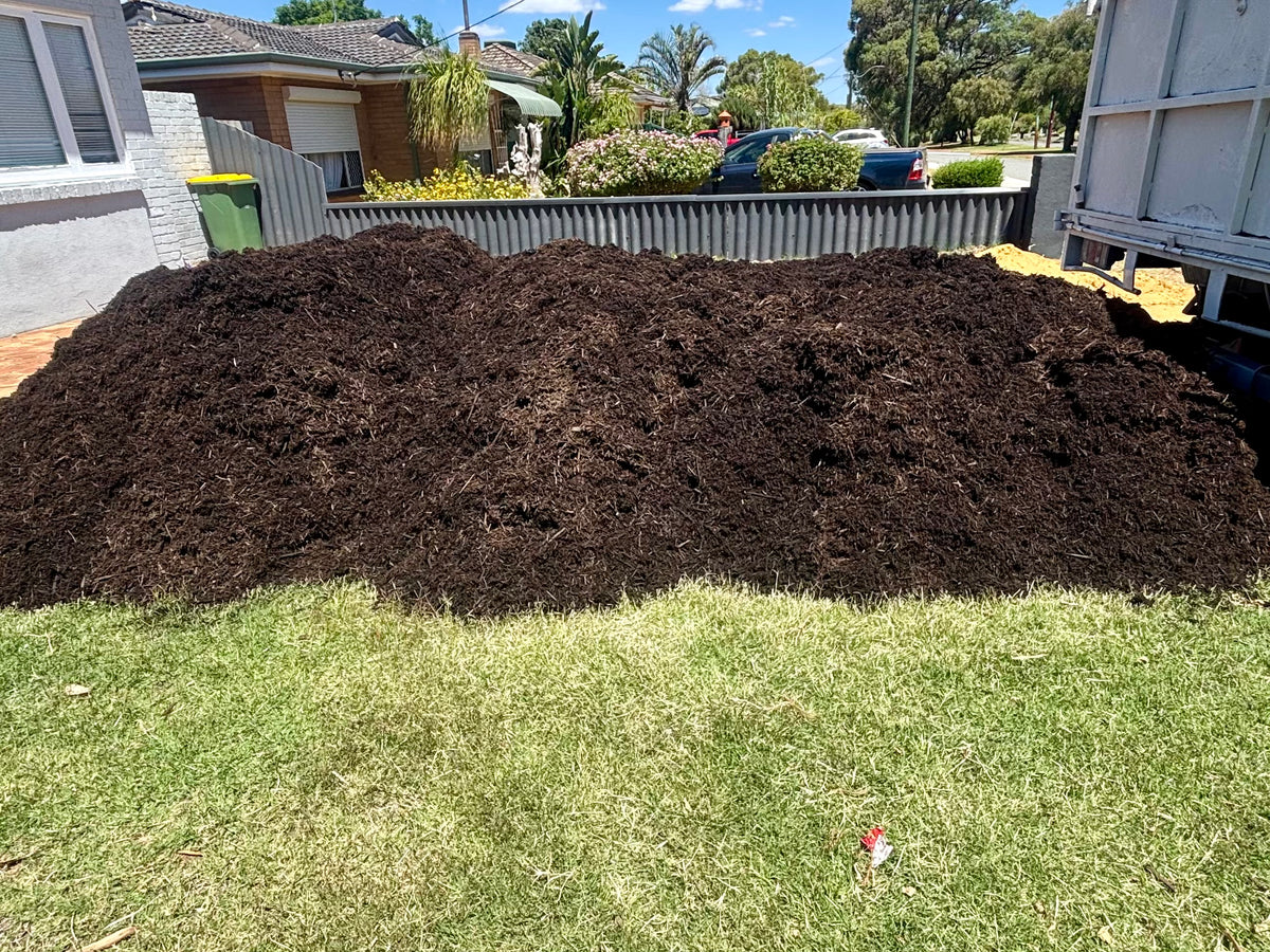 A large pile of dark brown compost or mulch spread across a green grassy yard in front of a white fence, with houses, trees, and a truck visible in the background.