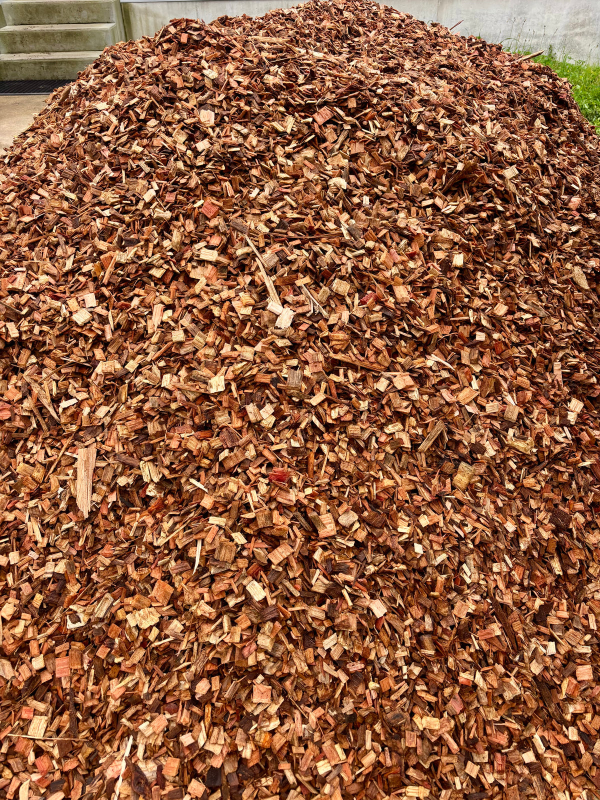 A large pile of reddish-brown wood chips or mulch outdoors, with small pieces of concrete and grass visible at the top edges.