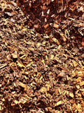 A close-up view of shredded wood mulch or bark chips in natural brown and tan tones, filling the entire frame.